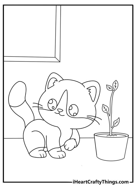 Printable kitten coloring page with a small cat beside a houseplant
