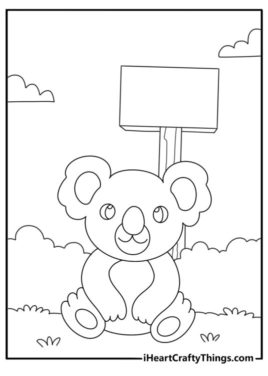 Printable koala coloring sheet with koala sitting near wooden sign in the bush