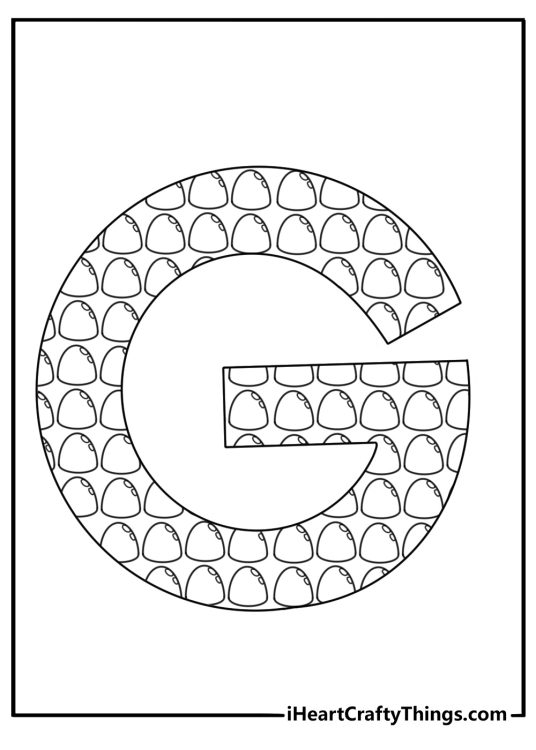 Printable letter G coloring page with a gumdrop pattern inside the letter