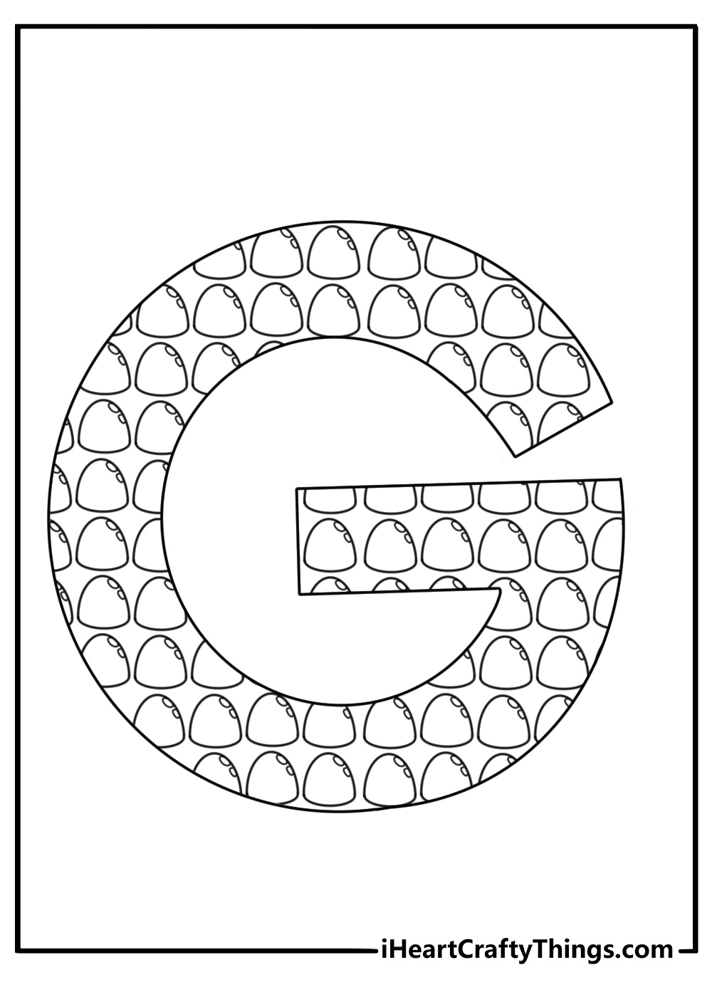 Printable letter G coloring page with a gumdrop pattern inside the letter