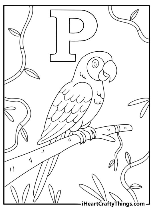 Printable letter P coloring page with parrot on jungle vine