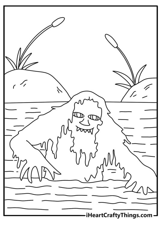 Printable monster coloring page of a swamp beast rising from reeds