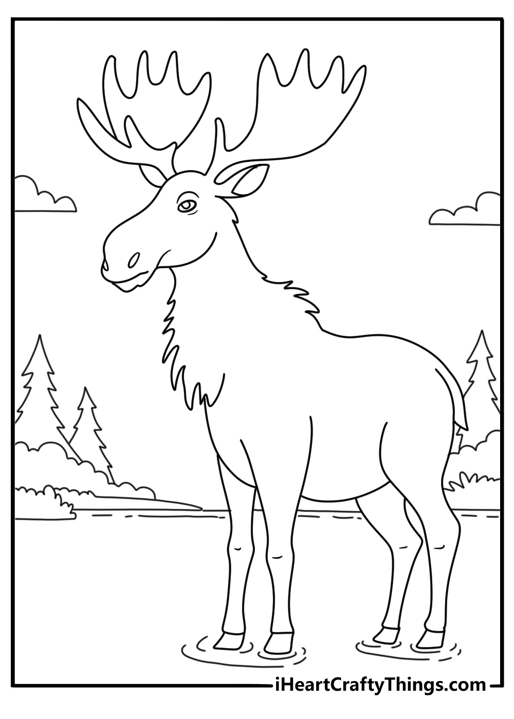 Printable moose coloring page showing an animal wading through shallow wetlands