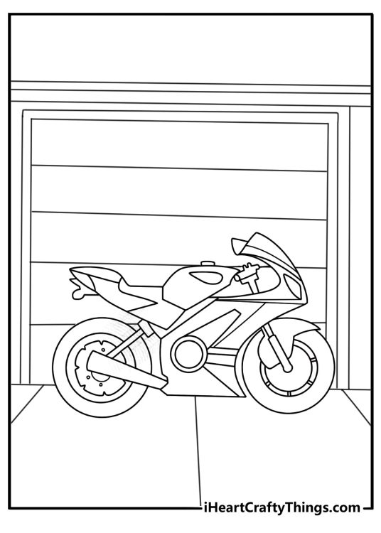 Printable motorcycle coloring page with a bike parked outside a garage