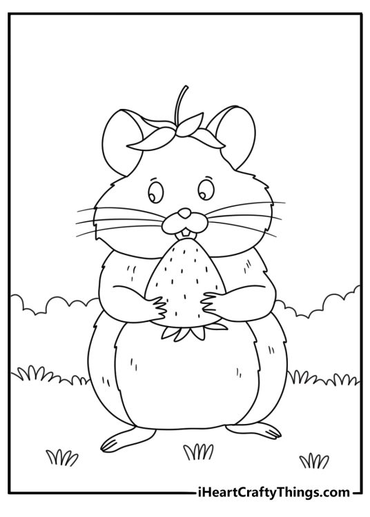 Printable mouse coloring page with a mouse carrying a berry through grass