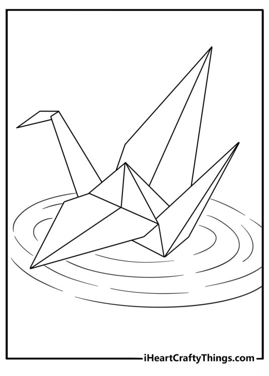 Printable peace coloring page with a paper crane above calm water