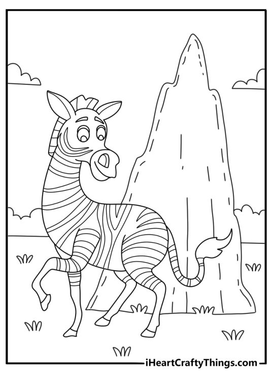 Printable safari coloring sheet with a zebra near a termite mound