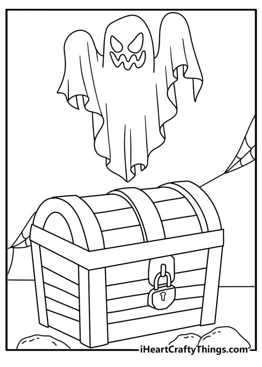 Printable spooky sheet showing a ghost beside a locked treasure chest