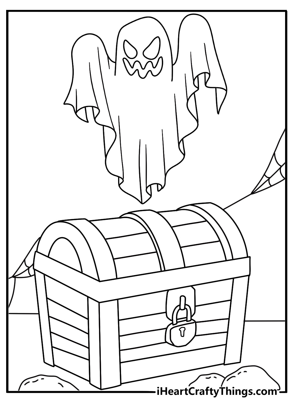 Printable spooky sheet showing a ghost beside a locked treasure chest