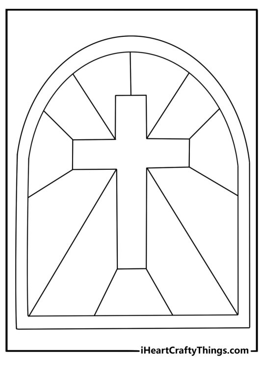 Printable stained glass cross coloring page with bold window shapes