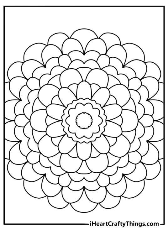 Printable stress relief mandala coloring page with petal rings