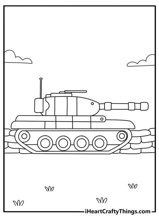 Printable tank coloring page with a tank beside sandbags