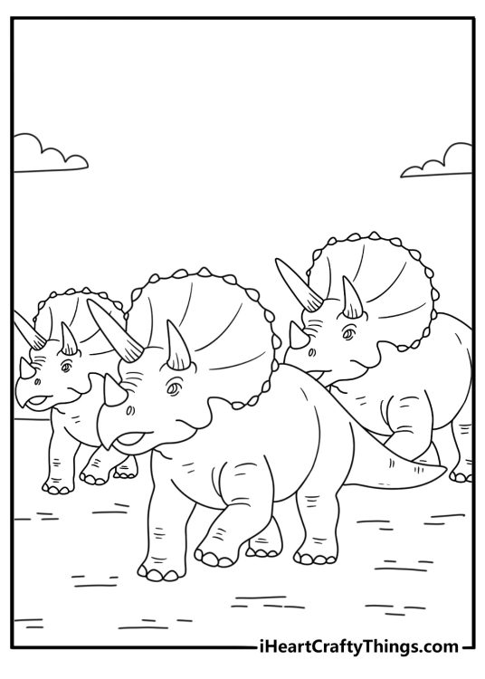 Printable triceratops coloring page with a herd crossing a dry plain