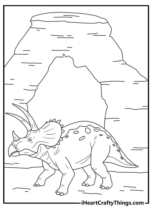 Printable triceratops page featuring a dinosaur under a rocky arch