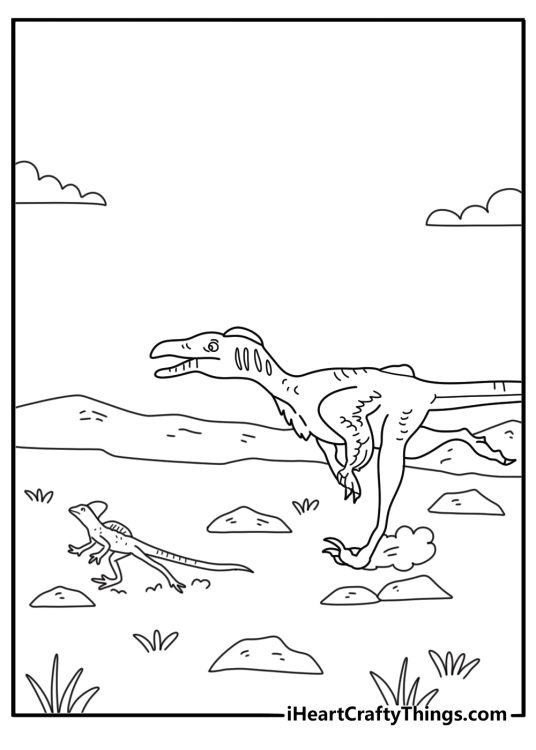 Printable velociraptor coloring page with a raptor chasing a small lizard