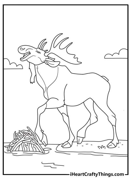 Printable wildlife page showing a moose beside a beaver lodge