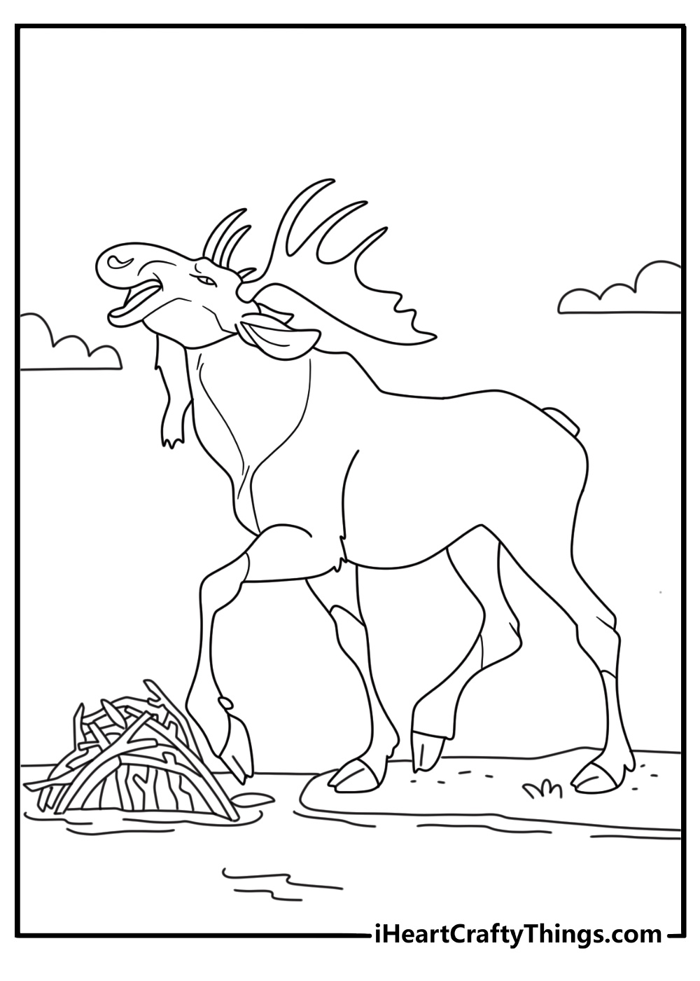 Printable wildlife page showing a moose beside a beaver lodge