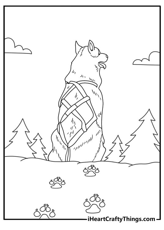Printable winter dog coloring sheet with paw prints around a sled harness