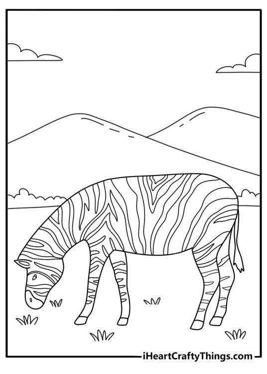 Printable zebra coloring page featuring an animal grazing near distant hills