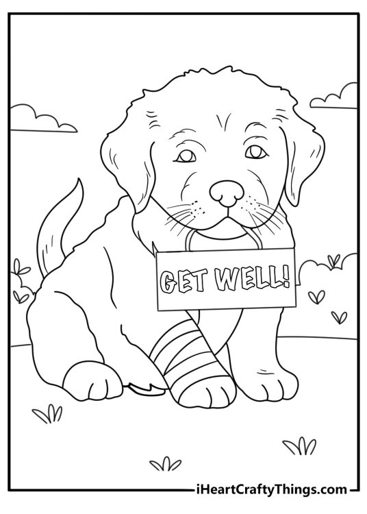 Puppy with bandaged paw holding get well note coloring sheet for children