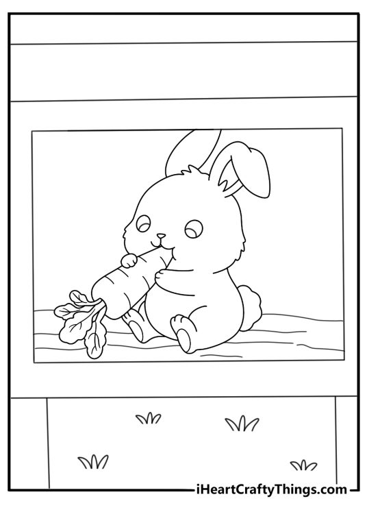 Rabbit in wooden hutch eating a carrot cute kawaii coloring page