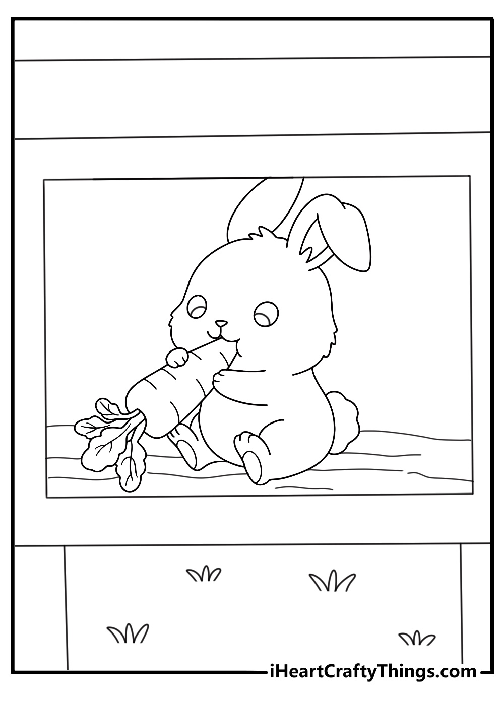 Rabbit in wooden hutch eating a carrot cute kawaii coloring page
