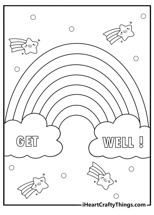 Rainbow over clouds with get well words cute coloring page PDF