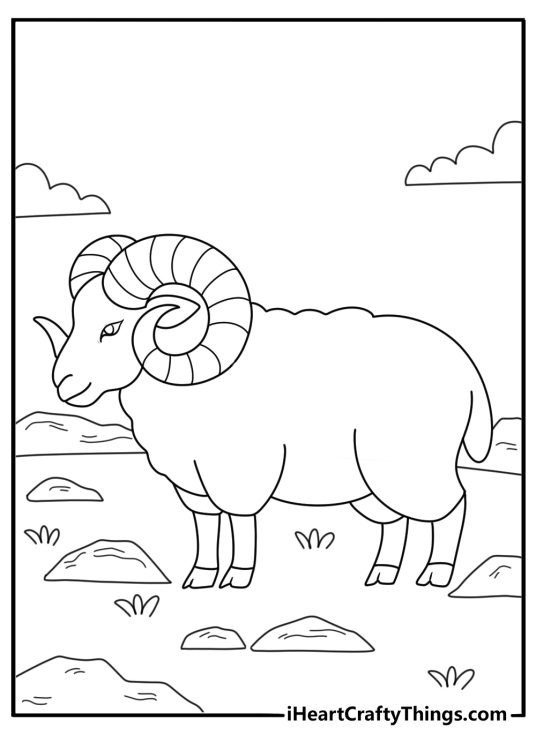 Ram with curved horns on rocky patch detailed coloring page