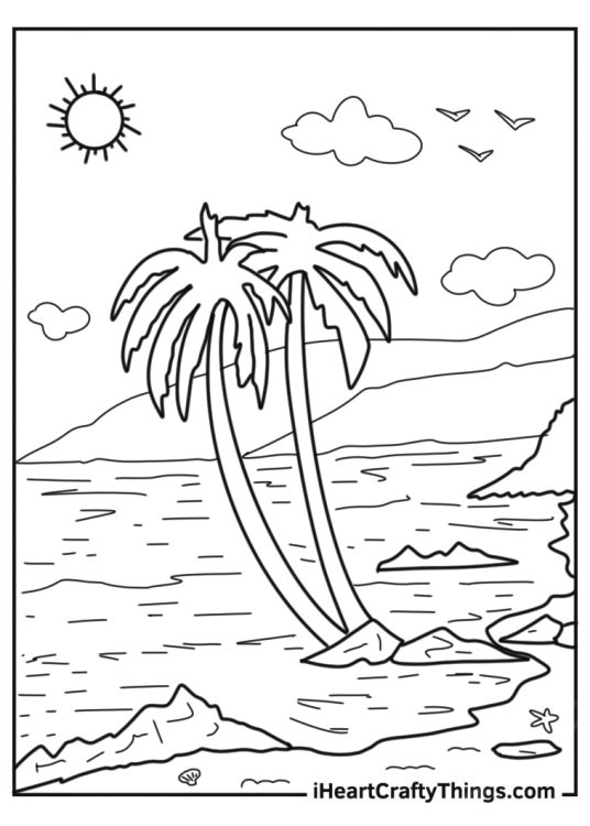 Realistic Beach Coloring Page With Mountain View