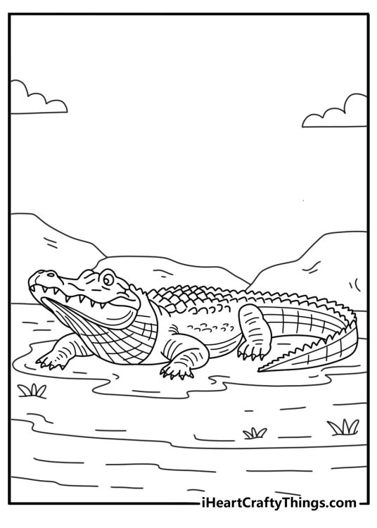Realistic alligator coloring pages scene with an alligator sliding into swamp water from muddy shore