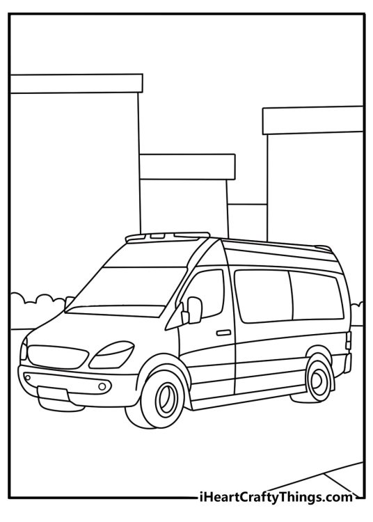 Realistic ambulance coloring page with flashing roof lights on a city street