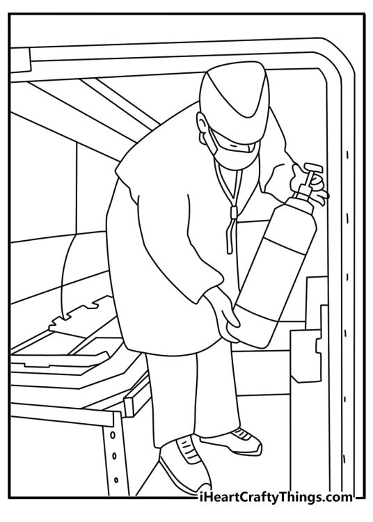 Realistic ambulance coloring sheet with a medic checking oxygen tanks