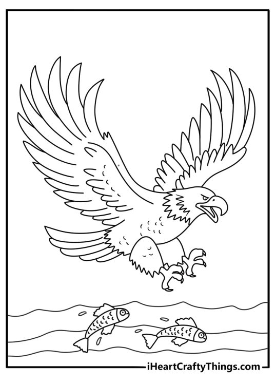 Realistic bald eagle coloring page with talons reaching toward a fish