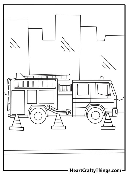Realistic fire truck coloring pages showing rescue at city street with traffic cones