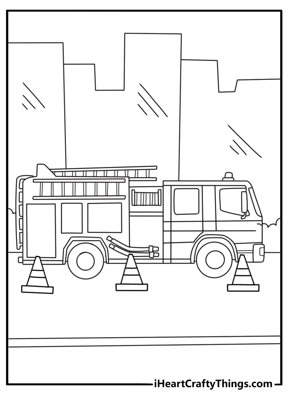 Realistic fire truck coloring pages showing rescue at city street with traffic cones