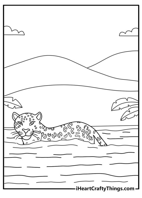 Realistic jaguar coloring sheet showing strong body swimming across river