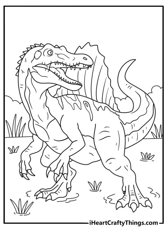 Realistic spinosaurus coloring page showing the tall sail near a swamp