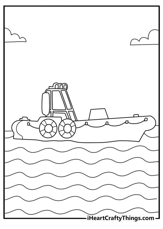 Rescue lifeboat with stretcher and supplies coast guard style coloring page