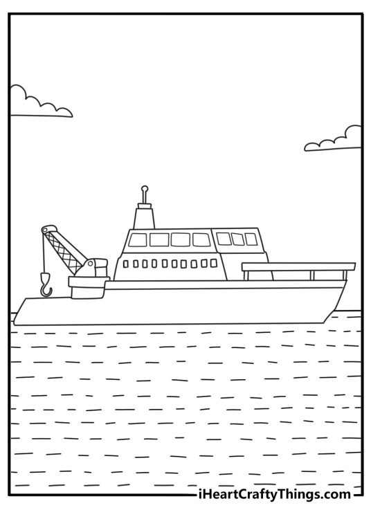 Research ship with crane and lab equipment on deck detailed coloring page