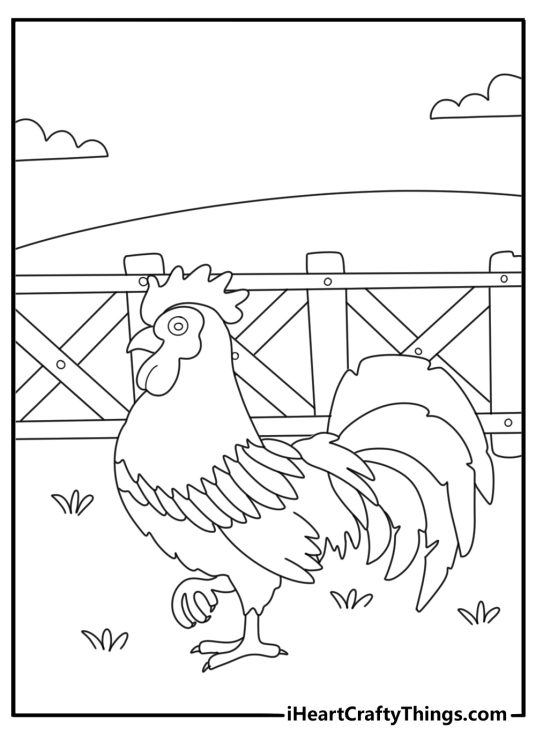 Rooster strutting in barnyard Farm Animal coloring page