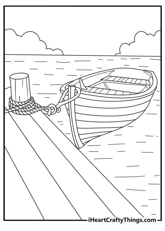 Row boat near wooden dock with rope and posts simple boat coloring page