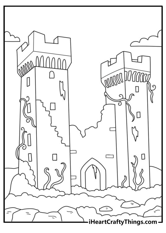 Ruined castle walls with broken tower and creeping vines vintage coloring sheet