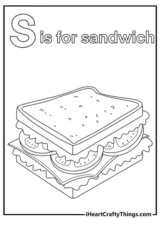 S is for sandwich with bread lettuce and cheese coloring sheet