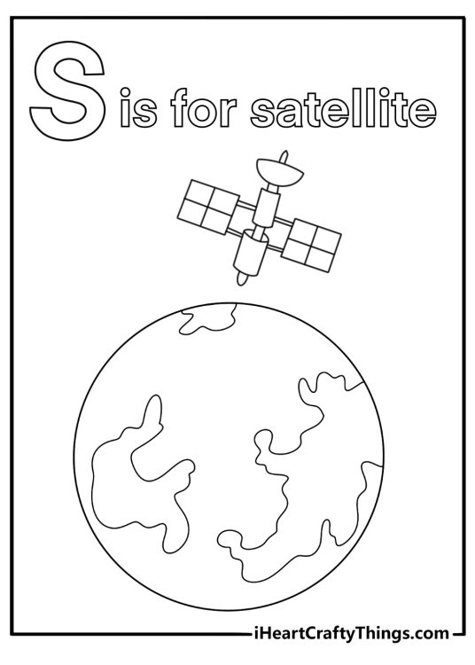 S is for satellite orbiting earth space themed coloring sheet