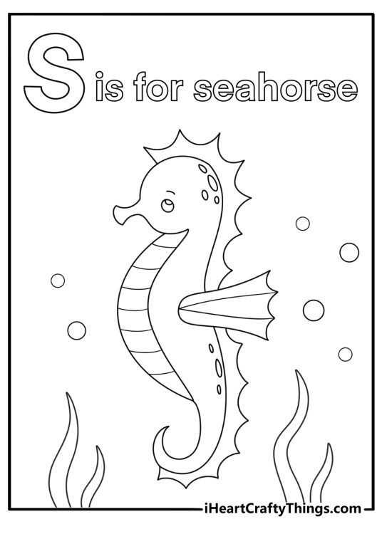 S is for seahorse underwater reef coloring page
