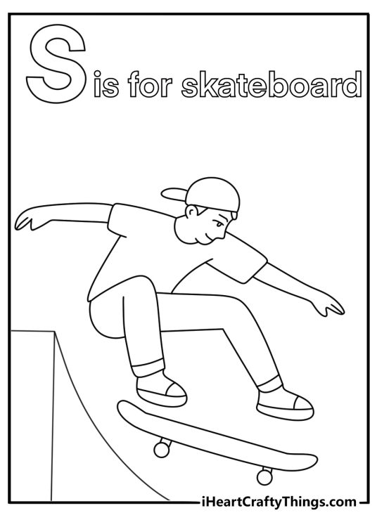S is for skateboard on ramp fun printable coloring page