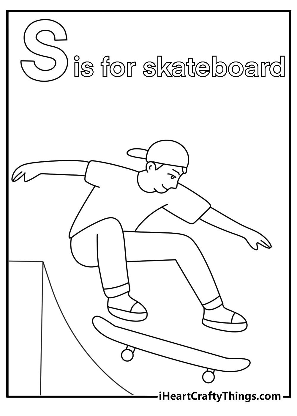 S is for skateboard on ramp fun printable coloring page