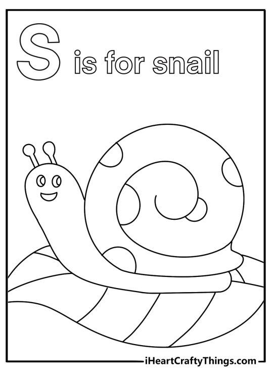 S is for snail on garden leaf cute kawaii coloring page