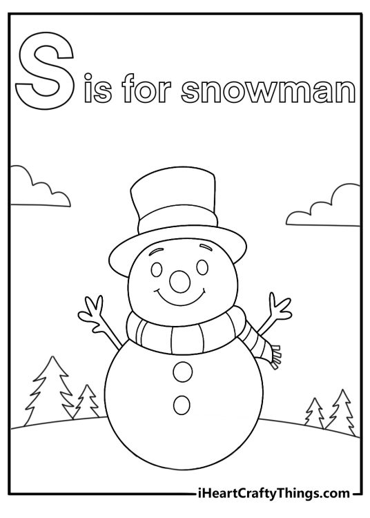 S is for snowman in snowy field simple coloring page for preschool