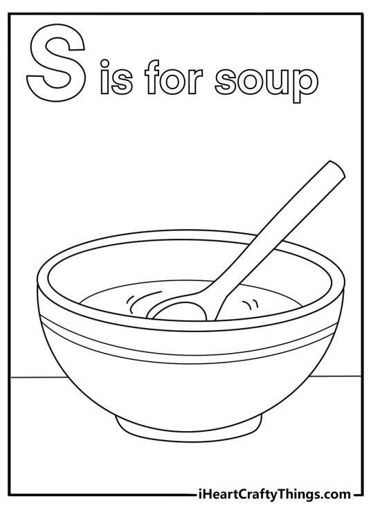 S is for soup bowl on kitchen table coloring sheet